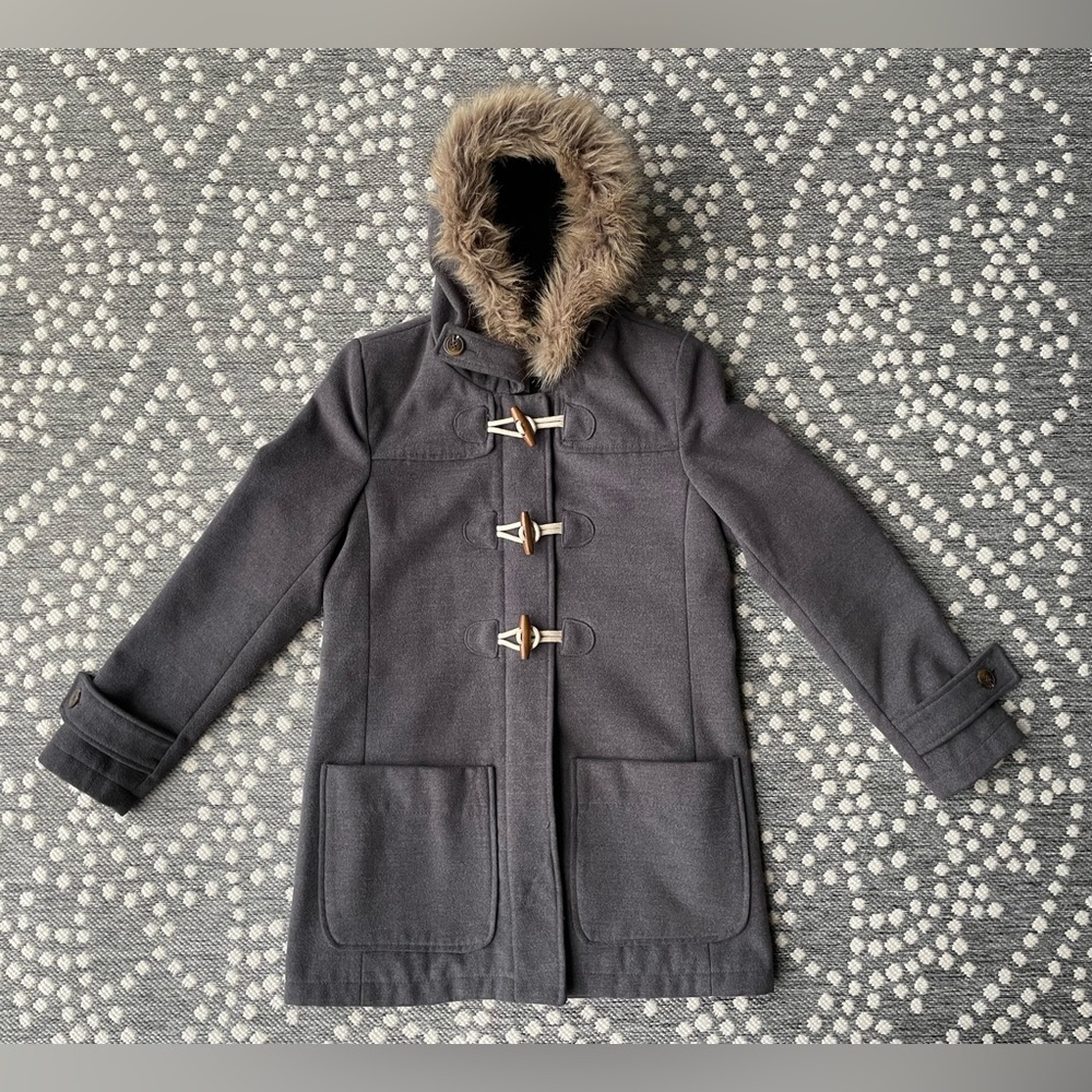 Old Navy Coat Women’s Small Faux Fur Hood peacoat zip up wood wooden toggles